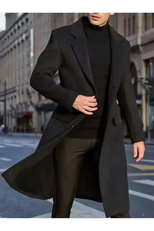 Men's black long wool blend cashmere coat. - 3