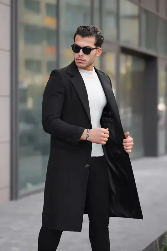 Men's black long wool blend cashmere coat. - 5