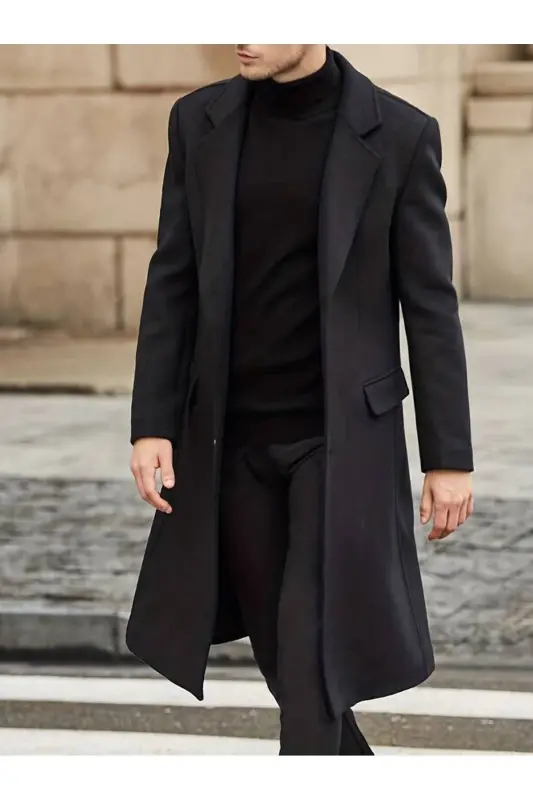 Men's black long wool blend cashmere coat. - 2