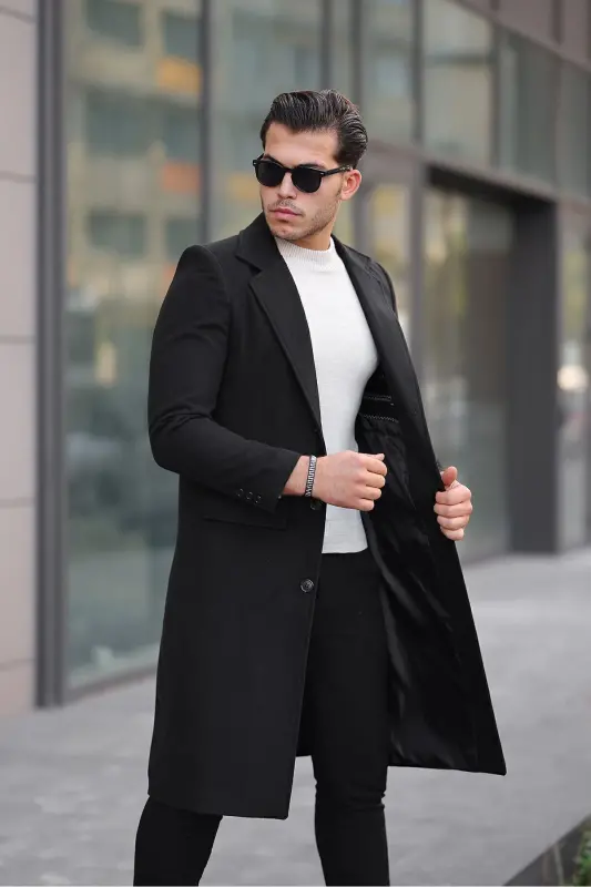 Men's black long wool blend cashmere coat. - 6