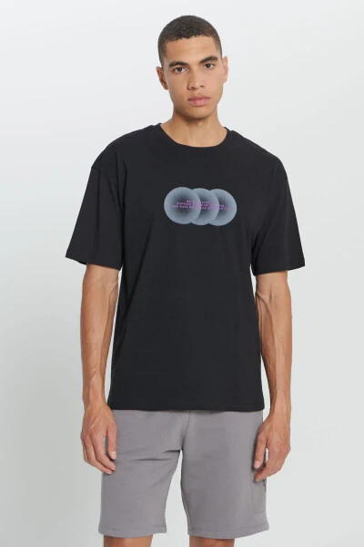 Men's Black Loose Fit Oversized 100% Cotton Printed Crew Neck T-shirt - AC&CO / ALTINYILDIZ CLASSICS