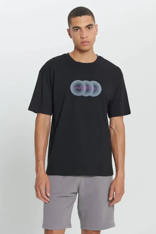 Men's Black Loose Fit Oversized 100% Cotton Printed Crew Neck T-shirt - 1