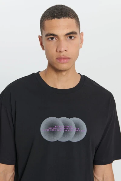 Men's Black Loose Fit Oversized 100% Cotton Printed Crew Neck T-shirt - 5
