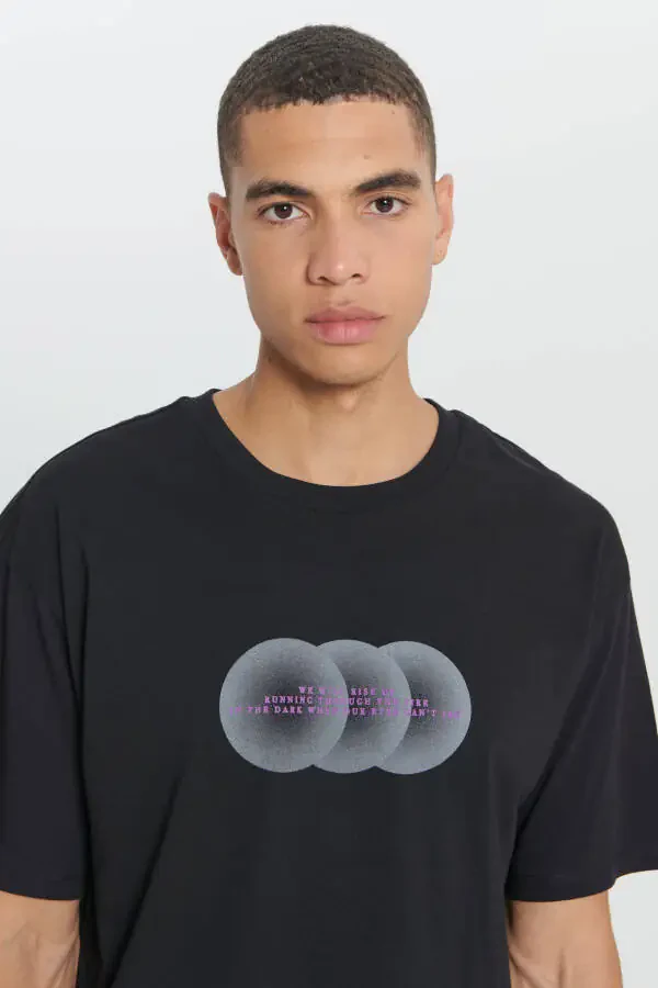 Men's Black Loose Fit Oversized 100% Cotton Printed Crew Neck T-shirt - 5
