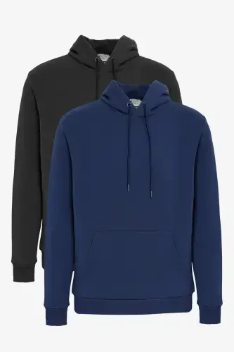 Men's Black-Navy Blue 2-Pack Cotton Sweatshirt Hooded Kangaroo Pocket Standard Fit Regular Fit-BLACK - 1