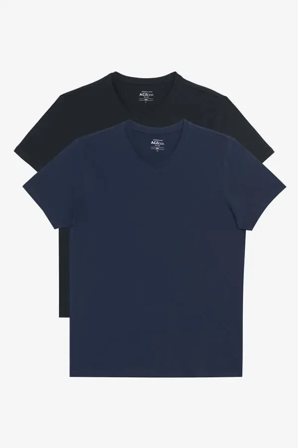Men's Black-Navy Blue 2-Pack V-Neck 100% Cotton Slim Fit Narrow Cut Basic T-Shirt - 1