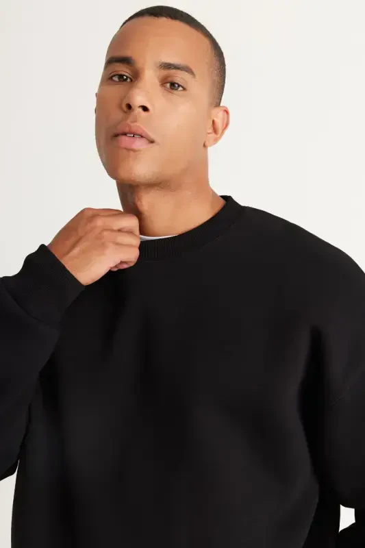 Men's Black Oversize Fit Loose Fit Cotton Fleece Lined 3 Thread Crew Neck Sweatshirt-Black - 2