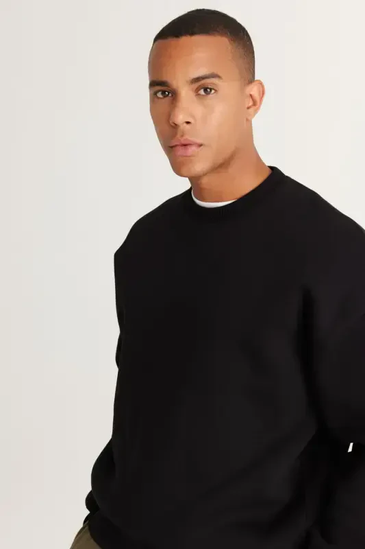Men's Black Oversize Fit Loose Fit Cotton Fleece Lined 3 Thread Crew Neck Sweatshirt-Black - 3