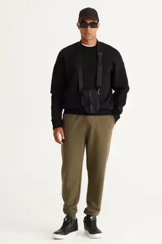 Men's Black Oversize Fit Loose Fit Cotton Fleece Lined 3 Thread Crew Neck Sweatshirt-Black - 4