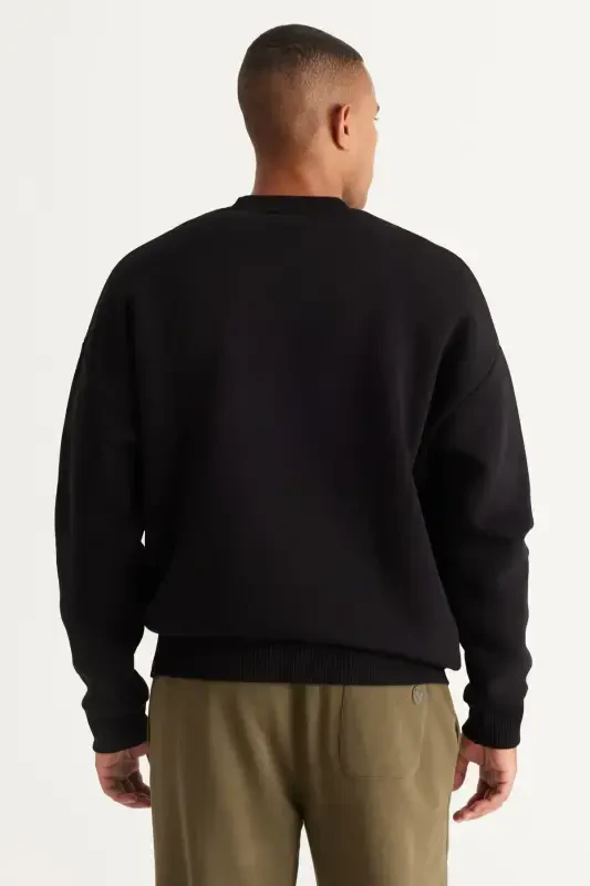 Men's Black Oversize Fit Loose Fit Cotton Fleece Lined 3 Thread Crew Neck Sweatshirt-Black - 5