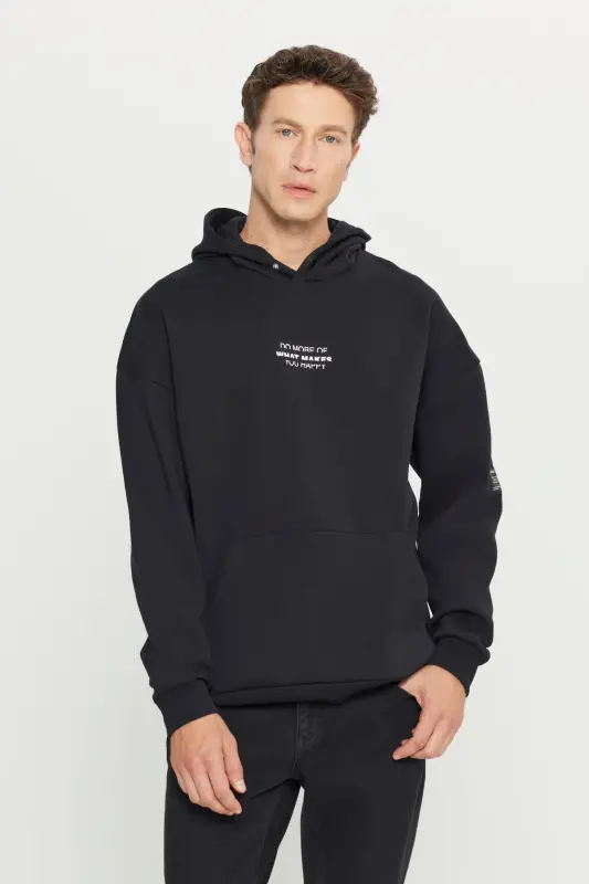 Men's Black Oversize Fit Loose Fit Hooded Fleece Lined 3 Thread Cotton Sweatshirt-Black - 2