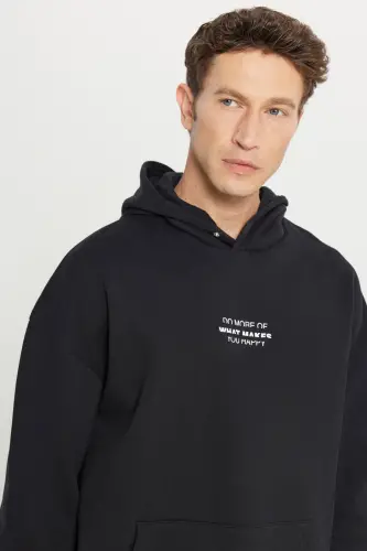 Men's Black Oversize Fit Loose Fit Hooded Fleece Lined 3 Thread Cotton Sweatshirt-Black - 3