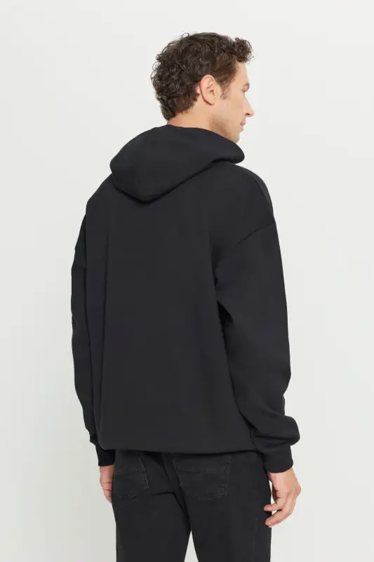 Men's Black Oversize Fit Loose Fit Hooded Fleece Lined 3 Thread Cotton Sweatshirt-Black - 4