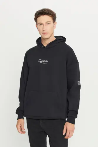 Men's Black Oversize Fit Loose Fit Hooded Fleece Lined 3 Thread Cotton Sweatshirt-Black - 5