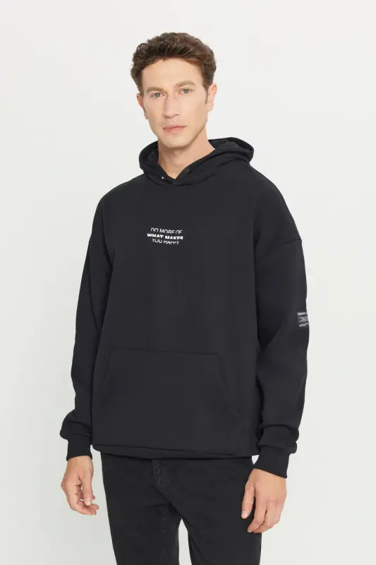 Men's Black Oversize Fit Loose Fit Hooded Fleece Lined 3 Thread Cotton Sweatshirt-Black - 5
