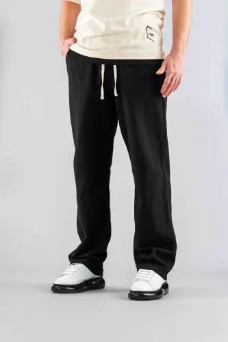 Men's Black Pants Elastic Waistband Relaxed Linen Flexible Basic Cotton Jogger-Black - 1
