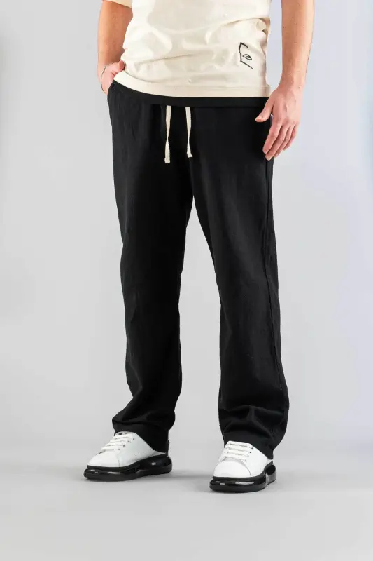 Men's Black Pants Elastic Waistband Relaxed Linen Flexible Basic Cotton Jogger-Black - BOMBE