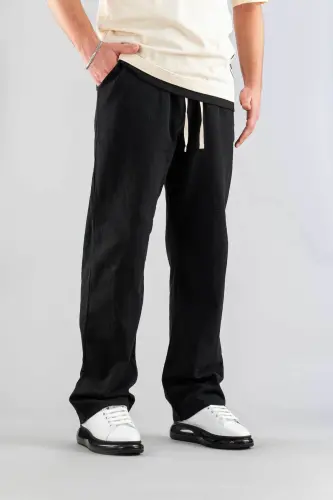 Men's Black Pants Elastic Waistband Relaxed Linen Flexible Basic Cotton Jogger-Black - 4