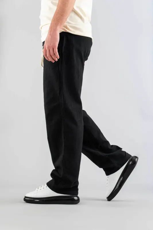 Men's Black Pants Elastic Waistband Relaxed Linen Flexible Basic Cotton Jogger-Black - 5