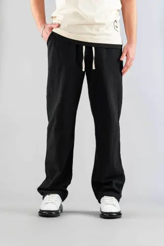 Men's Black Pants Elastic Waistband Relaxed Linen Flexible Basic Cotton Jogger-Black - 6