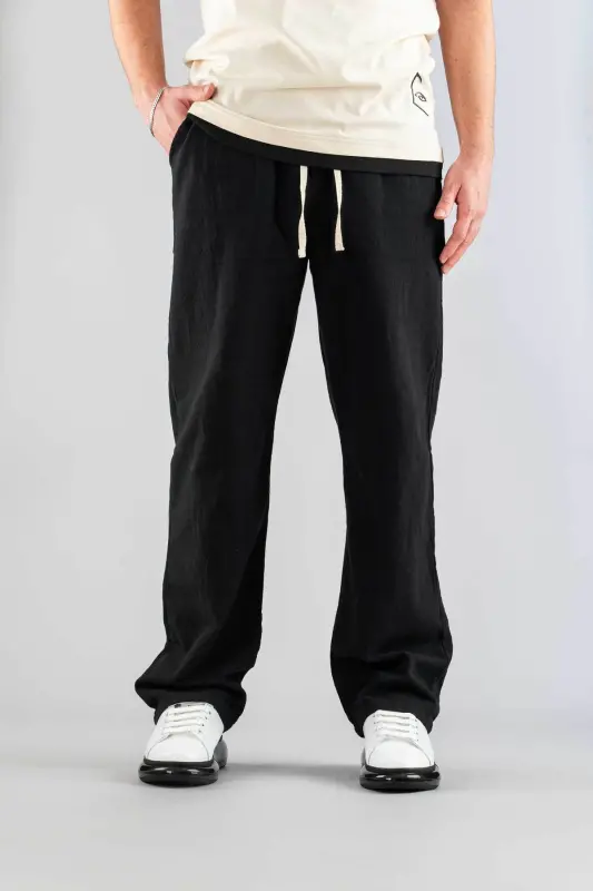 Men's Black Pants Elastic Waistband Relaxed Linen Flexible Basic Cotton Jogger-Black - 6