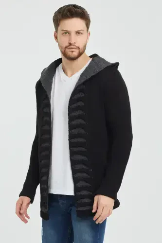 Men's Black Patterned Poncho Knit Cardigan- Hrk2020r02s-Black - TARZ COOL (1)