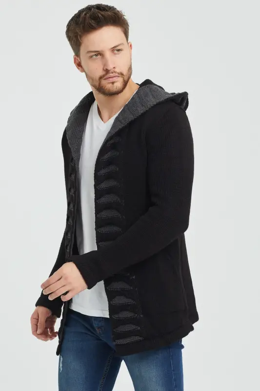 Men's Black Patterned Poncho Knit Cardigan- Hrk2020r02s-Black - 4