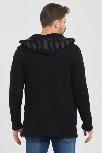 Men's Black Patterned Poncho Knit Cardigan- Hrk2020r02s-Black - 5