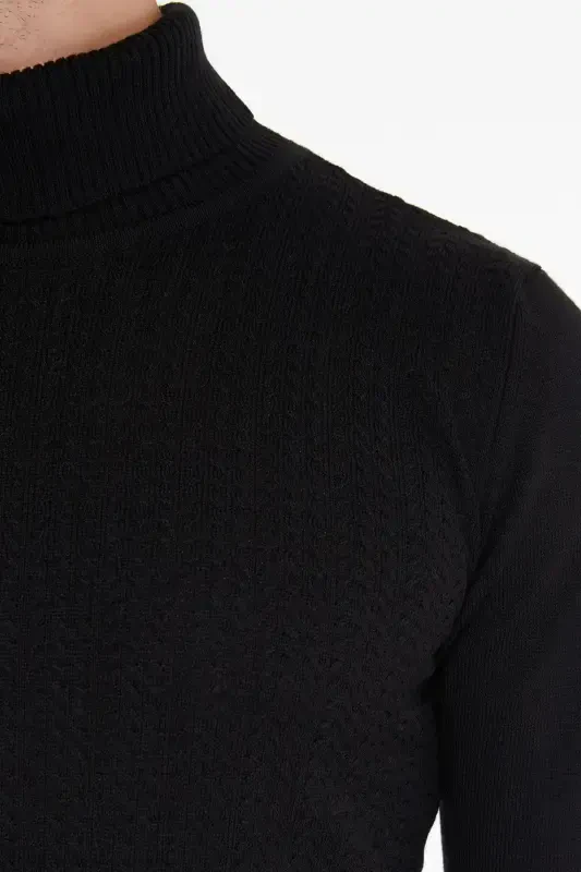 Men's Black Patterned Roll Neck Regular Fit T-Shirt - 4