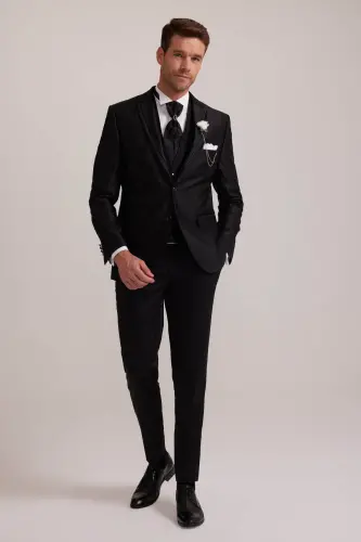 Men's Black Pleated Slim Fit Tuxedo with Shawl Collar and Vest - 1