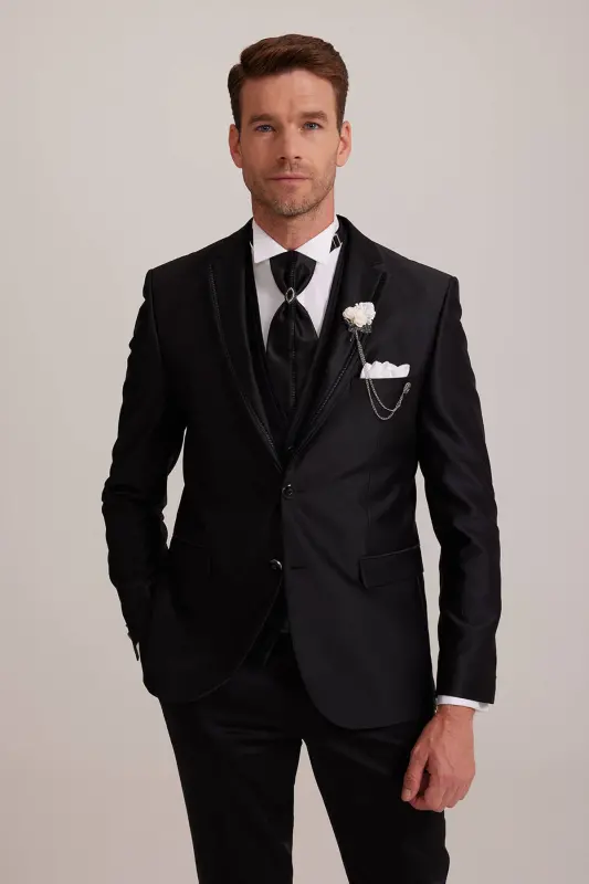Men's Black Pleated Slim Fit Tuxedo with Shawl Collar and Vest - 2