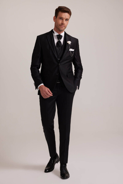 Men's Black Pleated Slim Fit Tuxedo with Shawl Collar and Vest - 7