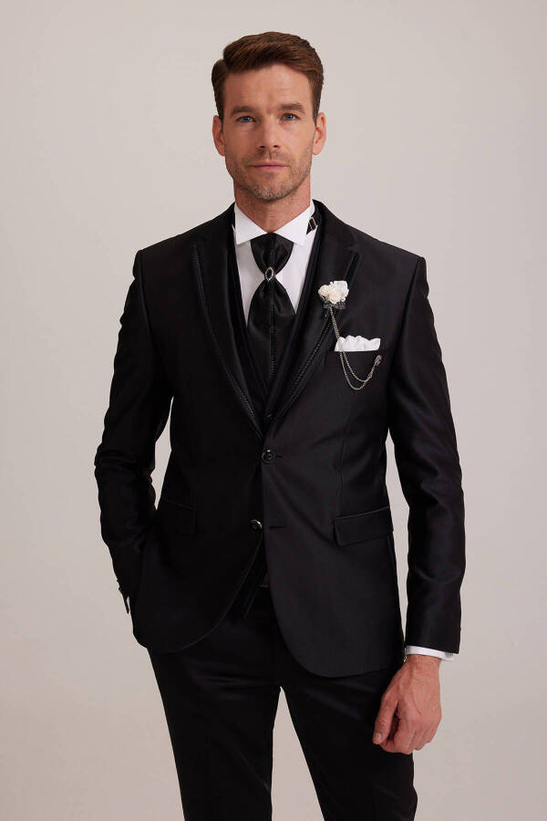 Men's Black Pleated Slim Fit Tuxedo with Shawl Collar and Vest - 8