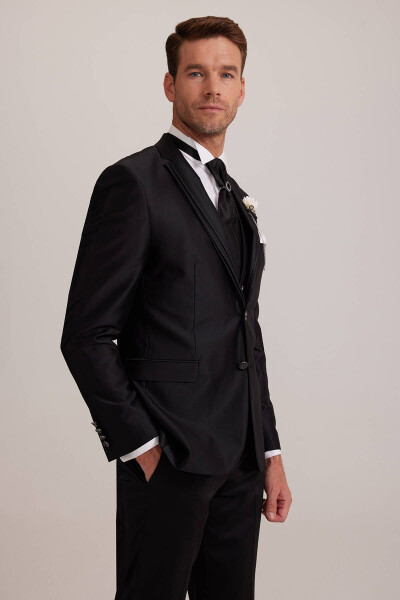 Men's Black Pleated Slim Fit Tuxedo with Shawl Collar and Vest - 9