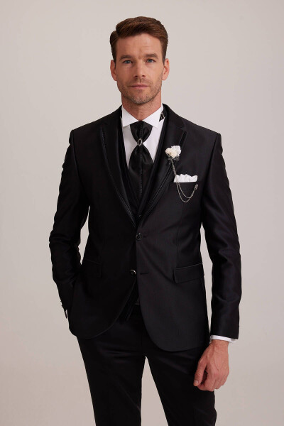 Men's Black Pleated Slim Fit Tuxedo with Shawl Collar and Vest - 3