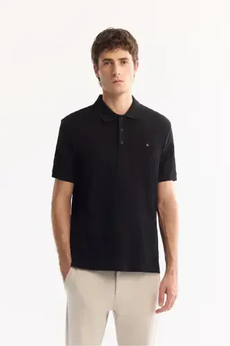 Men's Black Polo Jacquard T-shirt - 1