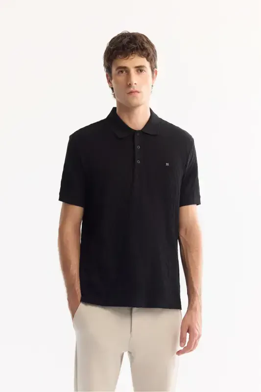 Men's Black Polo Jacquard T-shirt - 1
