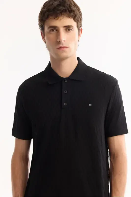 Men's Black Polo Jacquard T-shirt - 2
