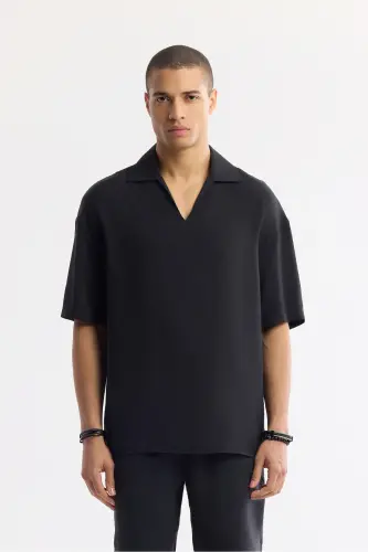 Men's Black Polo Neck Modal Blend Short Sleeve Shirt - 1