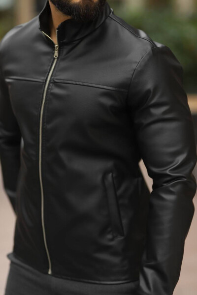 Men's Black Premium Stand Collar Slim Fit Leather Jacket - 9