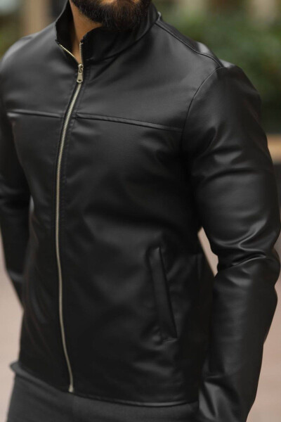 Men's Black Premium Stand Collar Slim Fit Leather Jacket - 3