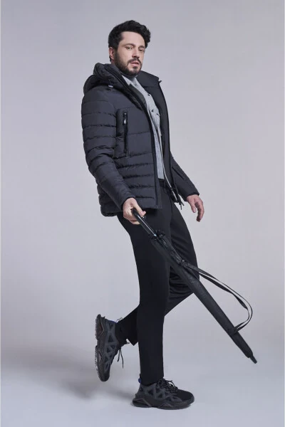 Men's Black Puffer Jacket Goose Down Water Repellent Windproof Thermometer Hooded Comfort Fit A32y6017 - Avva