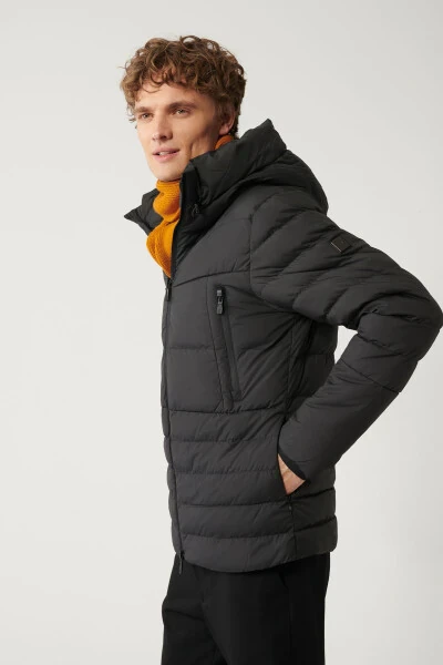 Men's Black Puffer Jacket Goose Down Water Repellent Windproof Thermometer Hooded Comfort Fit A32y6017 - Avva (1)