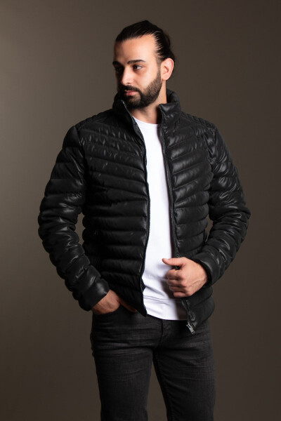 Men's Black Puffer Leather Jacket - 1