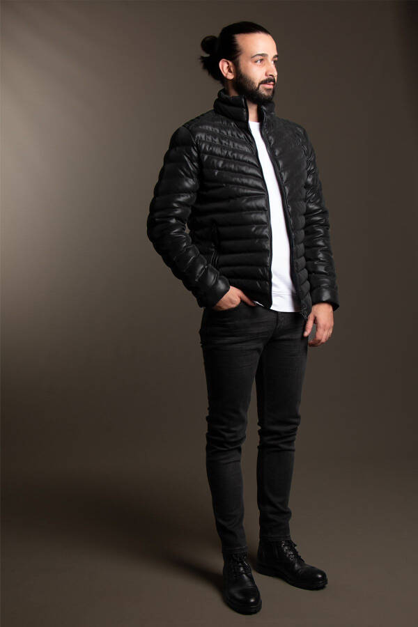 Men's Black Puffer Leather Jacket - 2