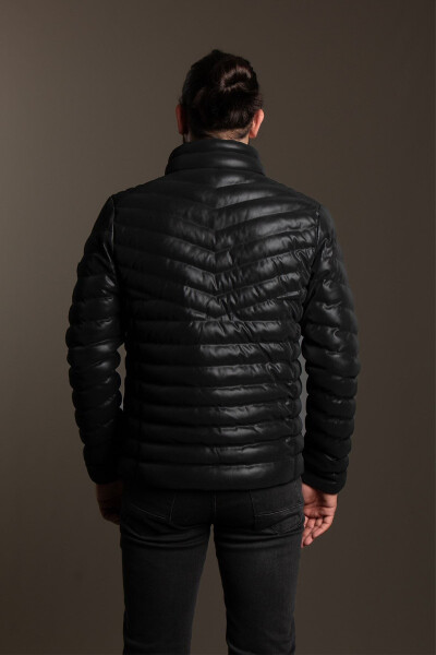 Men's Black Puffer Leather Jacket - 6