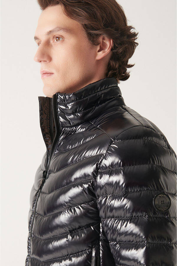 Men's Black Puffer Unisex Jacket Down Feather Water Repellent Windproof Glossy Comfort Fit E006015 - 7