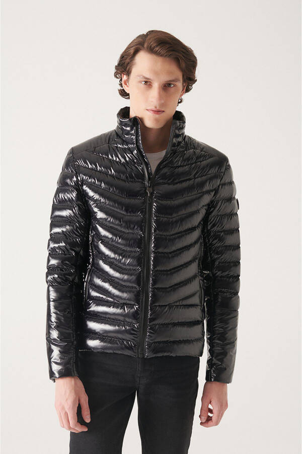 Men's Black Puffer Unisex Jacket Down Feather Water Repellent Windproof Glossy Comfort Fit E006015 - 1