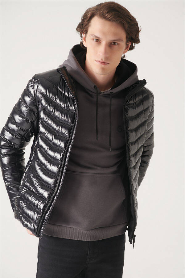 Men's Black Puffer Unisex Jacket Down Feather Water Repellent Windproof Glossy Comfort Fit E006015 - 3