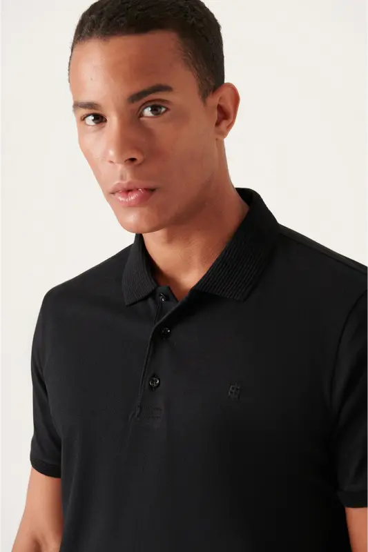 Men's Black Regular Fit 3 Button 100% Egyptian Cotton Polo Collar T-shirt B001027-Black - 2